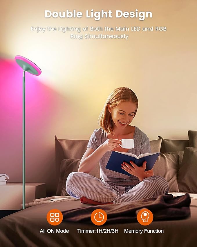WOWLUMEN Bright Floor Lamp for Living Room, 42W LED Room Lights with Remote, 3700LM RGBW Modern Tall Standing Light, Color & Brightness Dimmable, UFO Ring Lamp,1/2/3H Timer for Bedroom,Office(Blue