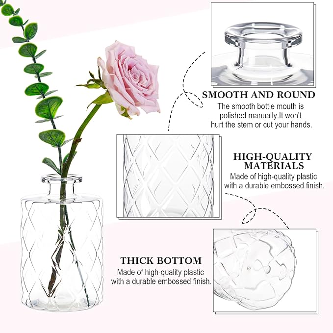 Honeydak Set of 24 Plastic Mini Bud Vases, Vintage Clear Decorative Vases Bulk for Table Centerpieces, Wedding Reception, Baby Shower, Home Decor, Housewarming Gift(Geo-Diamond)