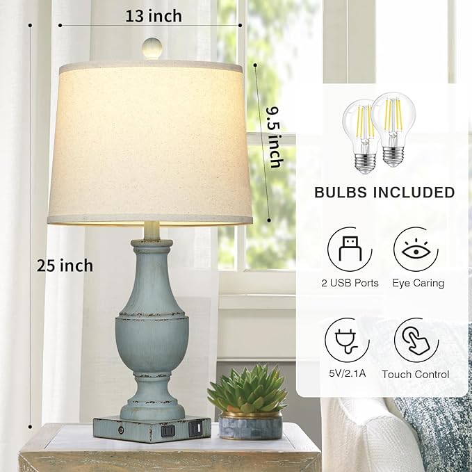 Farmhouse Table Lamps Set of 2, Rustic Touch Control Bedside Lamps with 2 USB Ports & AC Outlet, Vintage 3-Way Dimmable Nightstand Lamp Linen Fabric Shade for Living Room Bedroom End Table Decor