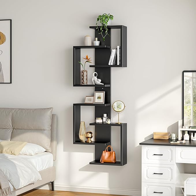 REIBII Multi Functional Floating Shelves, Wall Mounted Shelves, Wood Display Shelf for Living Room, Bedroom, Office, Lack Shelf for Home Decor, Black