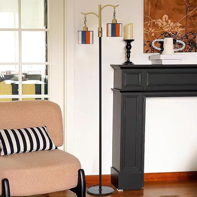 Asmymhd Vintage Dimmable Floor Lamp, Tiffany Standing Lamp with 2 Stained Glass Shades, Rustic Farmhouse Floor Lamp with Black and Gold Finish for Living Room Bedroom