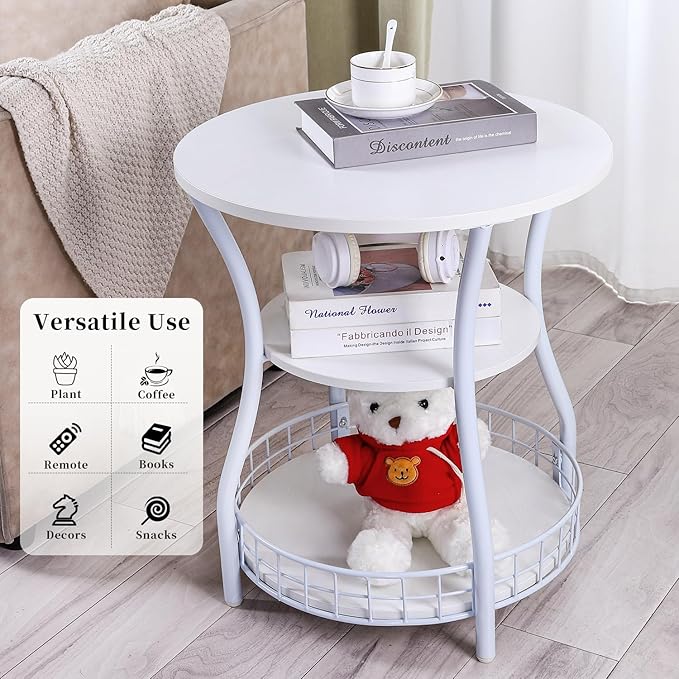 Round Side Table, 3-Tier End Table with Storage Shelf,White Accent Sofa Table for Small Spaces,Corner Round Coffee Table for Living Room, Bedroom,19.6 inch Diameter