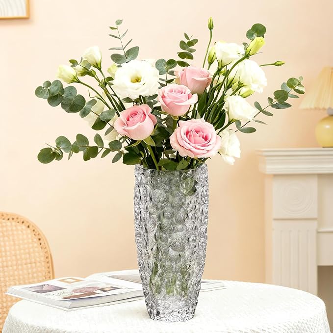 KAMMAK Glass Vase, Large Modern Cylinder Flower Vase for Home Decor, Wedding Centerpiece, Christmas or Birthday Gift for Mom, Entryway, Housewarming, Table, Office Desk, Farmhouse (White Polka Dot)