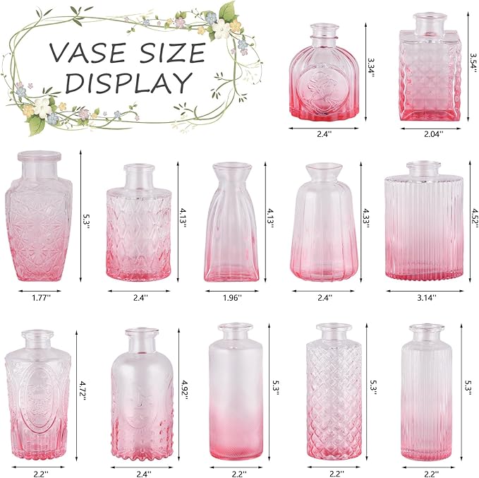 RUCKAE 12 Pack Glass Bud Vases Mini Flower Vase Small Vintage Vases for Centerpiece Table Wedding Decorations Home Decor Party (Gradient Pink)