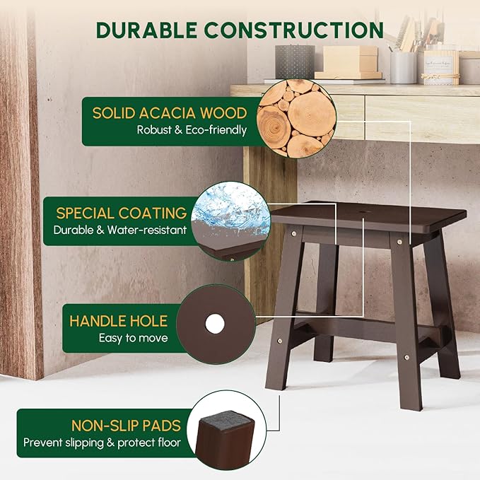 BEEFURNI Rectangular Acacia Wood Stool, Small Bench Seat, 18 Inch Stool, Wood Bathroom Vanity Bench, Plant Stand Indoor, 350 LBS Load Capacity, 1-Year Manufacturer Warranty (Brown)