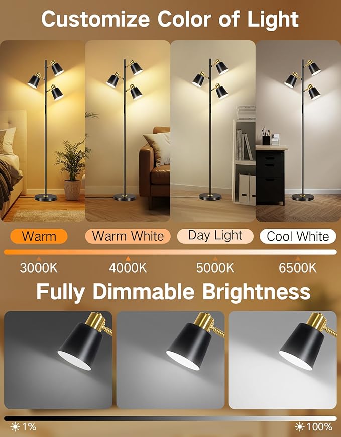 OUTON LED Tree Floor Lamp, Modern Dimmable Standing Lamp with Remote & Touch Control, 4 Color Temperatures, 3 Rotatable Lights Floor Lamps for Living Room, Bedroom, Office, Black & Gold