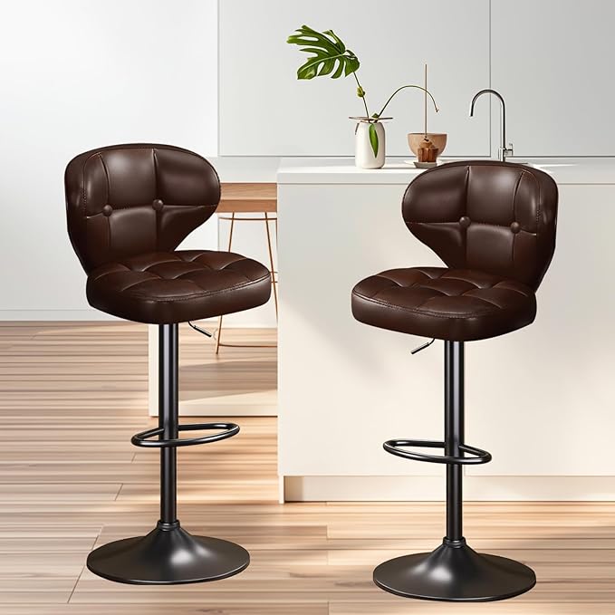 Bar Stools Set of 2,Adjustable Swivel Barstools, Modern PU Leather Upholstered Bar Chair with Back and Footrest,for Bar, Kitchen, Dining Room Brown-2