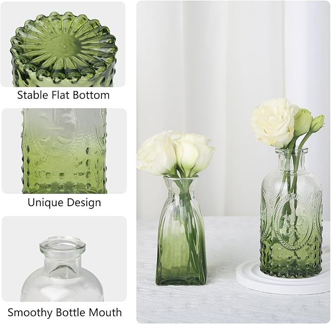 RUCKAE 12 Pack Glass Bud Vases Mini Flower Vase Small Vintage Vases for Centerpiece Table Wedding Decorations Home Decor Party (Gradient Green)