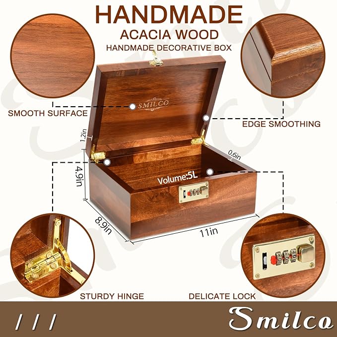 Smilco Wooden Storage Box with Hinged Lid Acacia Wood Hand-Crafted Wooden Box for Recipes Decorative Storage or as Keepsake