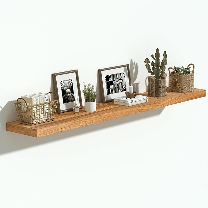 Vivelove Elm Wood Floating Shelves, Wooden Shelves for Wall with Invisible Bracket for Living Room Bedroom Bathroom Office Book, Rustic Farmhouse Decor Storage & Display, 48 Inch Set of 1- Natural