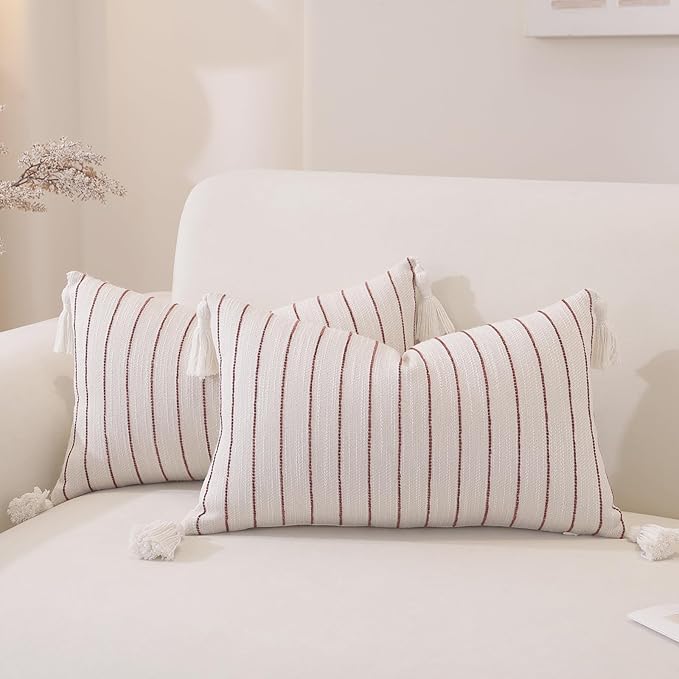 QDTTSRY Decorative Boho Throw Pillow Covers 20x12 Inch Set of 2, Textured Linen Striped Lumbar Throw Pillows with Tassels, Soft & Cozy Farmhouse Decor Cushion Covers for Couch Bed Living Room