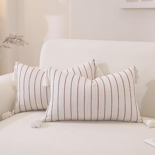 QDTTSRY Decorative Boho Throw Pillow Covers 20x12 Inch Set of 2, Textured Linen Striped Lumbar Throw Pillows with Tassels, Soft & Cozy Farmhouse Decor Cushion Covers for Couch Bed Living Room