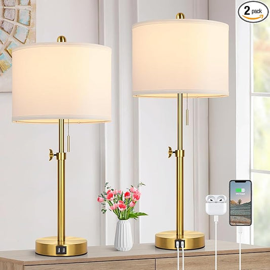 Table Lamp Set of 2, Bedside Lamp with 2 USB Ports, Gold Tall Table Lamp for Living Room End Tables, 23" to 30" Height Adjustable Lamp for Bedroom, Farmhouse Table Lamps with Pull Chain, E26