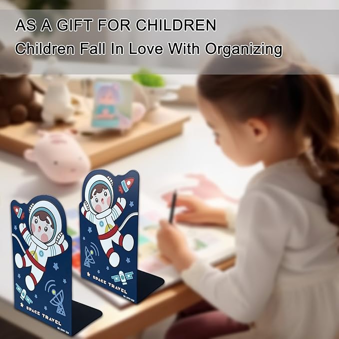 2 Pack Metal Bookends,Non-Slip Cartoon Boy Astronauts Book Stopper,5.3"x3.9"x8"Heavy Duty Premium Space Travell Decorative Book End, Supports for Kids Children Shelves,Room,School,Learning Gifts
