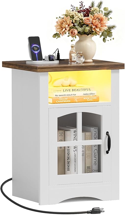 JUMMICO End Table with Charging Station and LED Open Shelf & Glass Door Cabinet, Farmhouse Nightstand with 20W Fast Charge, Side Table for Living Room (1,White & Brown)