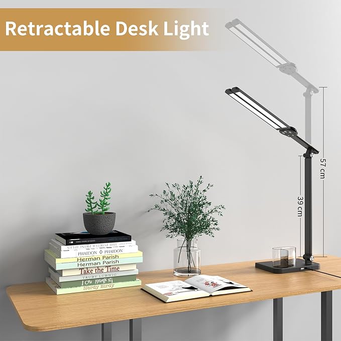 LED Desk Lamp, Dual Heads, Height Adjustable, USB Charging Port, 5 Light Modes & Dimmable Brightness, Bedside Lamp for Reading, Craft, Work, Study (Black, 15W)