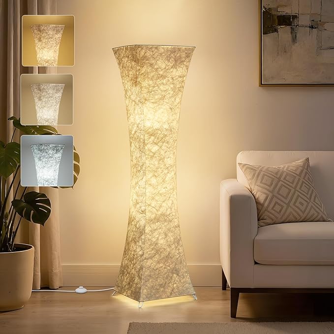 GyroVu Floor Lamp for Living Room, 47“ Adjustable Color Temperature Standing Corner Floor Lamps, Modern Column Floor Light with White Fabric Shade for Bedroom, Home Office, Kids Room, 2 Bulbs Include