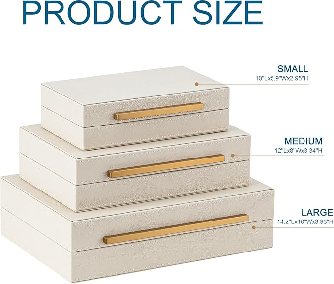 Faux Leather Large Modern Stackable Nesting Jewelry Box with Lids Organizer – Set of 3 Beige Shagreen Decorative Storage Boxes with Gold Metal Handles