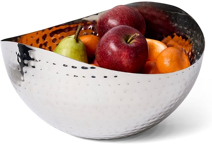 Large Decorative Bowl, Stainless Steel Salad Serving Fruit Bowl, Hammered Centerpiece Bowl (10” Round)