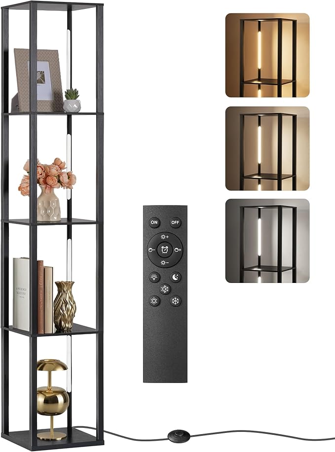 GOEBLESON 64.2" Display Shelf with Light, Modern Corner Floor Lampe with Shelves, LED Dimmable Standing Lamp with Remote for Living Room, Bedroom, Office, Adjustable CCT, Black Square B51LD05
