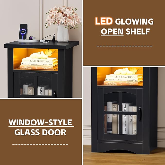 JUMMICO End Table with Charging Station and LED Open Shelf & Glass Door Cabinet, Farmhouse Nightstand with 20W Fast Charge, Side Table for Living Room (1,Black)