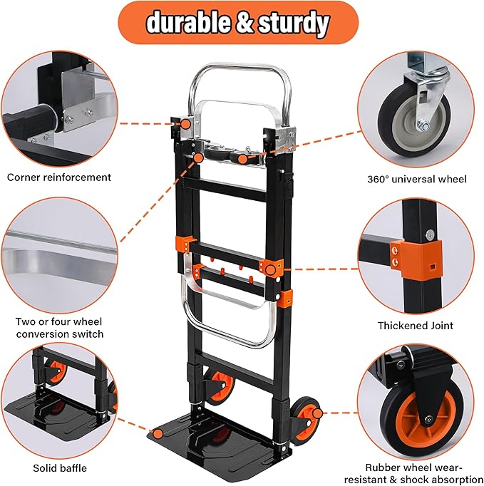 Upgraded 3 in 1 Folding Hand Truck, 500lbs Capacity Heavy Duty Convertible Dolly cart with Rubber Wheels, Collapsible Hand Truck Foldable with Telescopic Handle, Trolley for Moving, Office, Warehouse