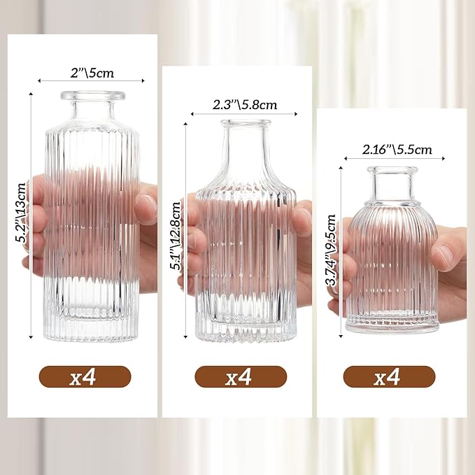 12 Sets Mini Small Vases for Flowers Bulk Glass Ribbed Bud Vases Set for Centerpiece Table Decorative Wedding Reception, Housewarming Gift Holiday Christmas