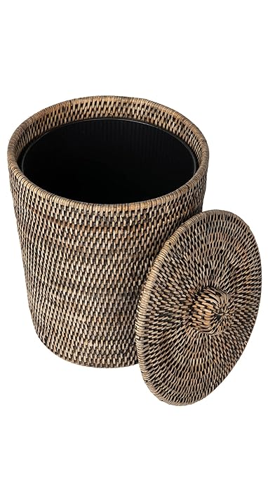 Kouboo La Jolla Rattan Round Waste Basket with Lid & Plastic Insert Black Wash