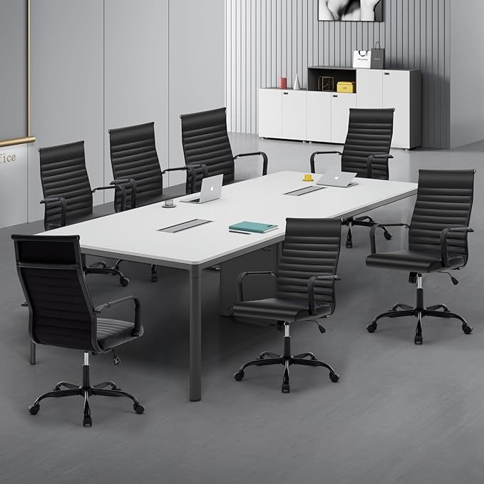 Haranuo Conference Room Chairs, Ergonomic Executive Office Chair, Ribbed Leather Desk Chair with Lumbar Support, Adjustable Height Mid-Back Swivel Chair with Padded Seat