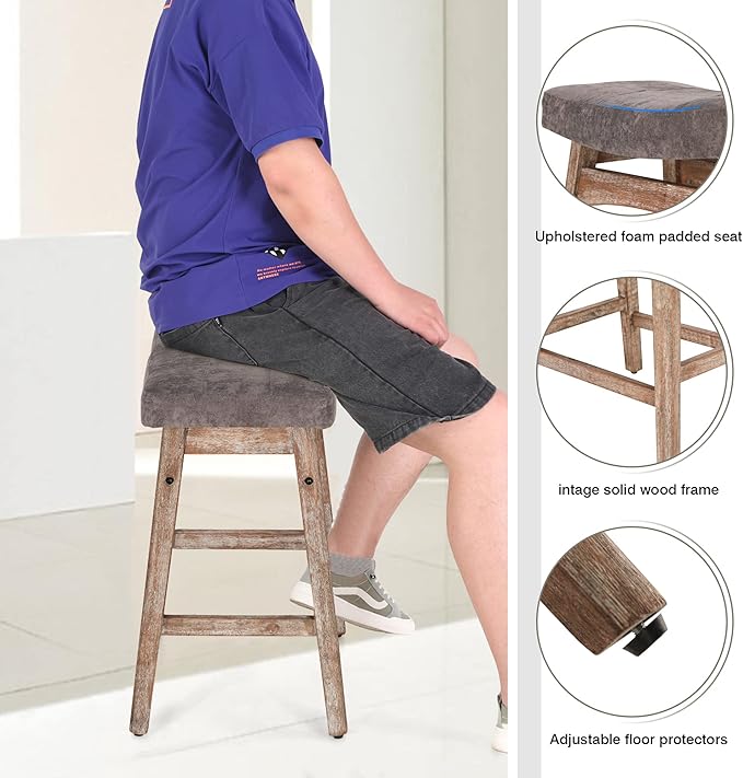 Sophia & William Counter Height Bar Stools for Kitchen Island, 24" Counter Stools with Solid Wood Legs,Vintage Linen Seat Upholstered Farmhouse Bar Stools,Grey,1PC