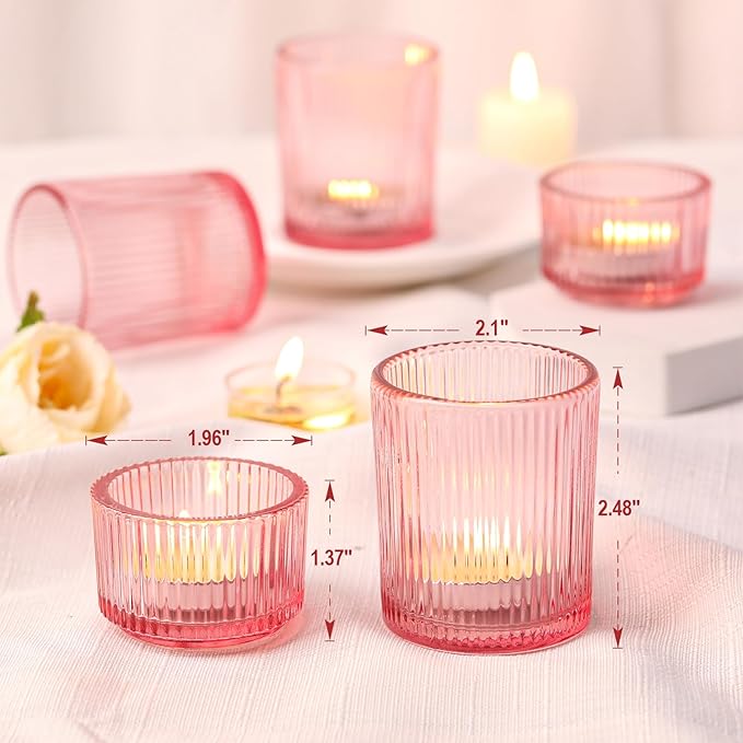 20pcs Assorted Ribbed Pink Votive Candle Holders, Baby Shower Decorations for Girl, Tea Light Candle Holder for Wedding Table Decor, Mother' s Day, Bridal Shower and Party Decorations