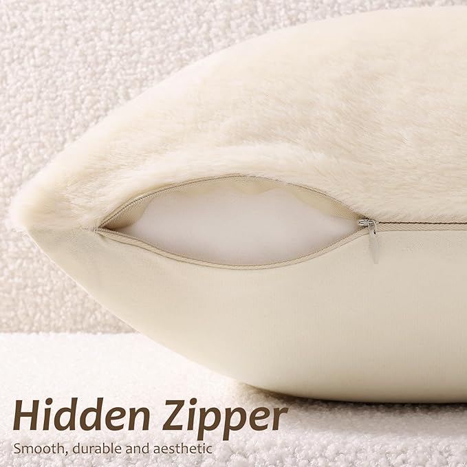 Pallene Faux Fur Plush Lumbar Throw Pillow Covers 12x20 Set of 2, Soft Fluffy Couch Pillow Covers for Living Room, Beige