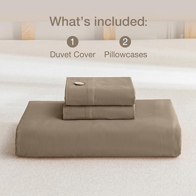 JELLYMONI Cotton Duvet Cover Queen Size - Khaki Comforter Cover with Button 100% Washed Cotton 3PCS Breathable Soft Solid Bedding Set Duvet Cover 90×90in & 2 Pillowcases (NO Comforter)