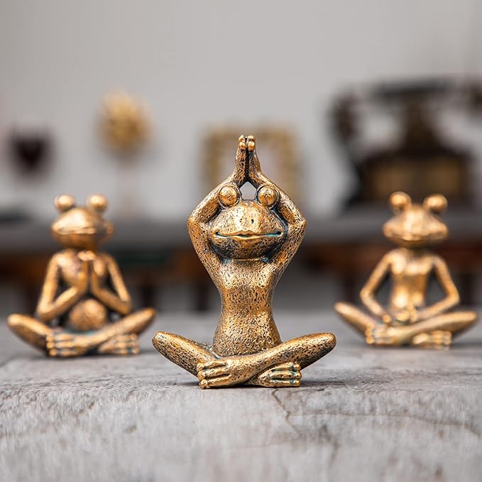 Bronze Frog Figurines, 3-Piece Yoga Decor Set, Antique Bronze Color, Handmade Home Decoration