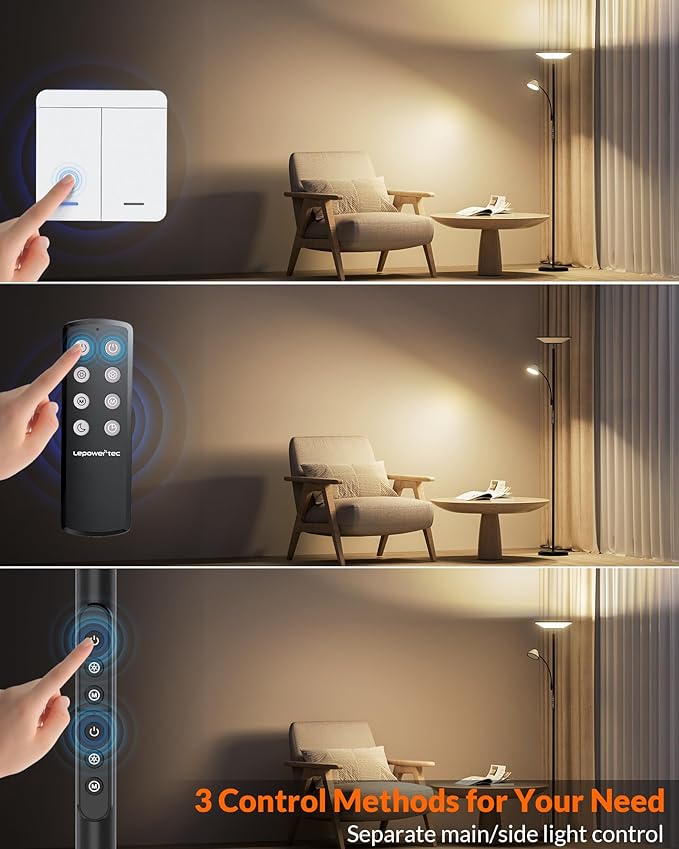 LEPOWER-TEC Bright Floor Lamp, Standing Lamp with Remote & Wall Switch, 60 Lighting Effects, Adjustable Torchiere Corner Light for Living Room, Bedroom, Office. Perfect for Reading & Ambiance