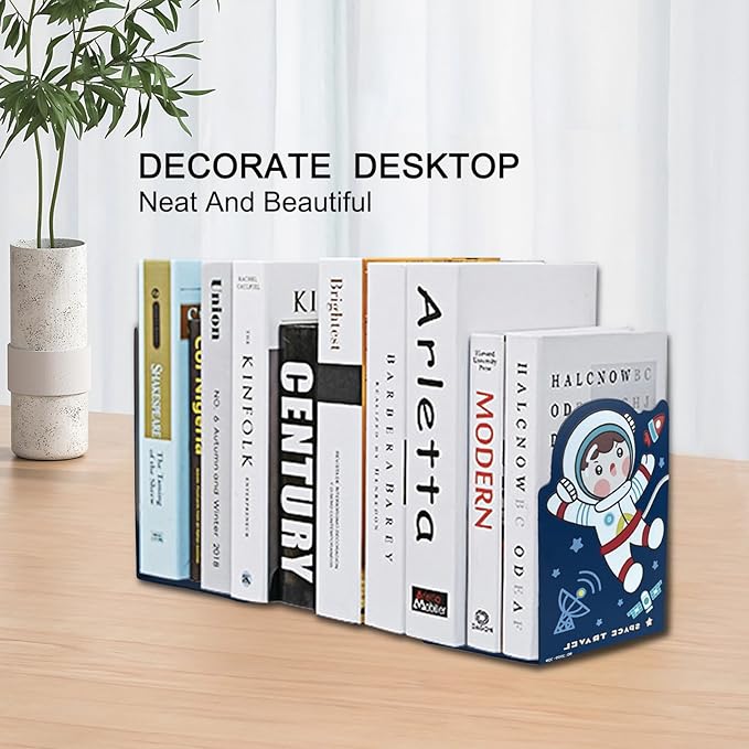 2 Pack Metal Bookends,Non-Slip Cartoon Boy Astronauts Book Stopper,5.3"x3.9"x8"Heavy Duty Premium Space Travell Decorative Book End, Supports for Kids Children Shelves,Room,School,Learning Gifts