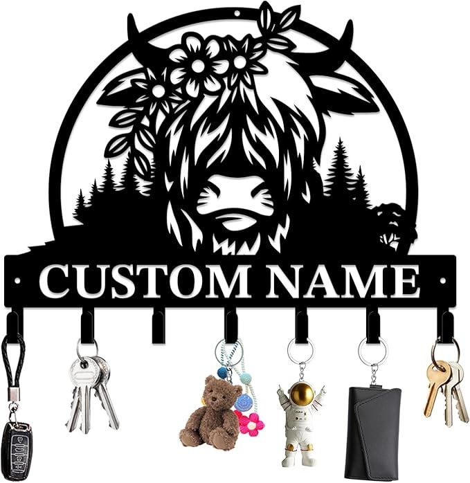 magilab Personalized Custom Highland Cow Wall Hooks,Metal Highland Cow Art Clothes Hooks,Metal Highland Cow Wall Home Storage Decorative,for Front Door, Hallway, Kitchen, Bedroom,Keys,Hats (Style N)