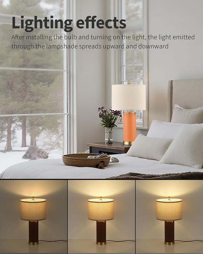 KDG 23.4" Orange PU Leather Table Lamps for Living Room Set of 2, 3 Level Brightness LED Modern Home Decor Fabric Lampshade Desk Lamp Lighitng for Bedroom, Bedside, Farmhouse, Nightstand, Night Light