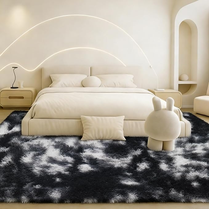 Mtandyx 5x7 Plush Fluffy Area Rugs, Large Soft Carpet, Upgraded Non-Slip Rectangular Rug for Living Room, Bedroom, Kids Room, Dorm, Modern Home Decor Aesthetic,Black White Grey.