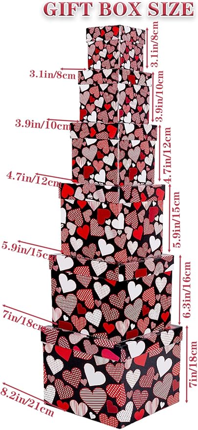6PCS Valentine's Day Nesting Gift Boxes With Lid, Square With Ribbon, Decorative Assorted Size for Presents Wrapping, Party Favor (Black)