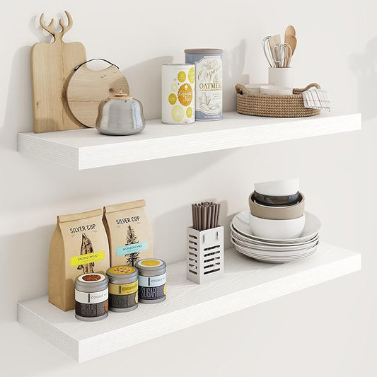 32in Floating Shelves for Wall, 32"W x 9.25"D x 1.25"H, 2 Pack Long Wall Mounted Engineered Wood Shelves with Invisible Brackets for Living Room, Bedroom, Bathroom, Kitchen Decor and Storage, White