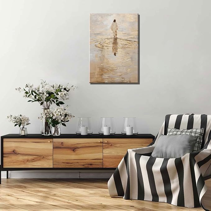 1Pcs Frame Jesus Walking on Water Canvas Wall Art Christian Jesus Walking on Water Back Wall Decor Pictures I Will Walk With Christ Posters Prints for Church Dining Living Room Kitchen Wall Bedroom Decoration16x24in