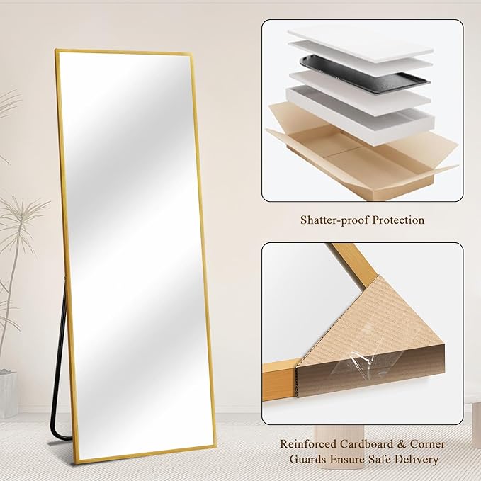 Full Length Mirror with Stand, Shatterproof Full Body Mirror, Aluminum Alloy Thin Frame, Freestanding/Leaning/Wall Mount for Bedroom