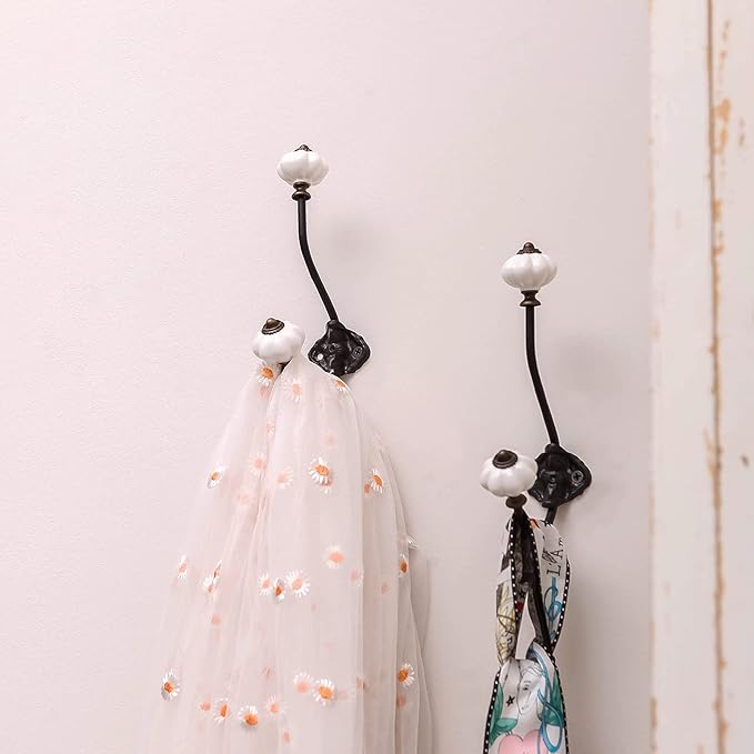 NIKKY HOME Wall Hooks Decorative 2 Pack Hanging Rustic Vintage Pumpkin Metal Iron Ceramic Antique Mounted Wall Hook for Towels Coat Bag Scarf Cap Hat Key for Farmhouse Mudroom Closet Bathroom, White