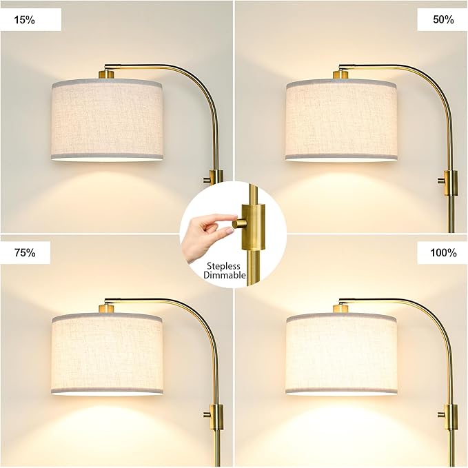 【Upgraded】 Dimmable Brass Floor Lamp, 1200 Lumens LED Bulb Included, Arc Floor Lamps for Living Room Modern Standing Lamp with Linen Shade, Tall Lamp for Living Room Bedroom Office Reading Room