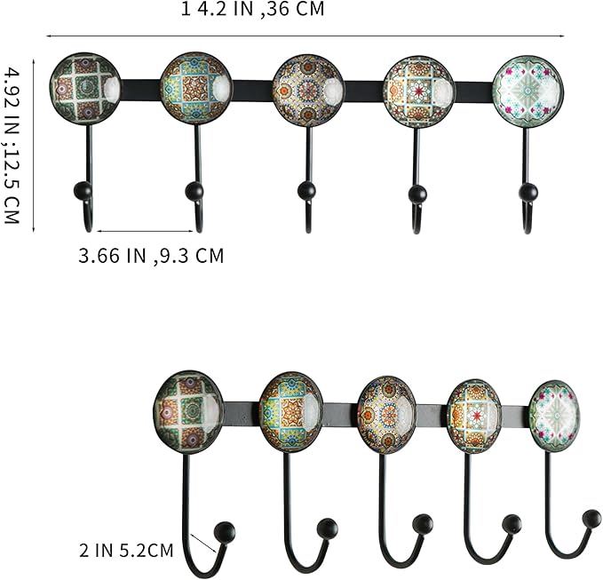 Boho Coat Rack Wall Mounted with 5 Hooks, Forest Theme Mandala Pattern Decorative Wall Hooks for Hanging Hat, Key, Towel, Purse, Bag, and Robe - for Entryway, Bathroom, and Kitche