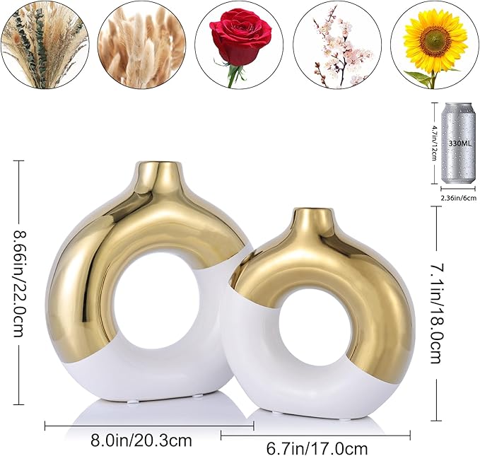 White and Gold Vase Decor Donut Vase Set of 2 - Circle Hollow Vases, Modern Matte Ceramic Vases for Entryway Living Room Bedroom Dining Table Centerpiece Office Home Decor