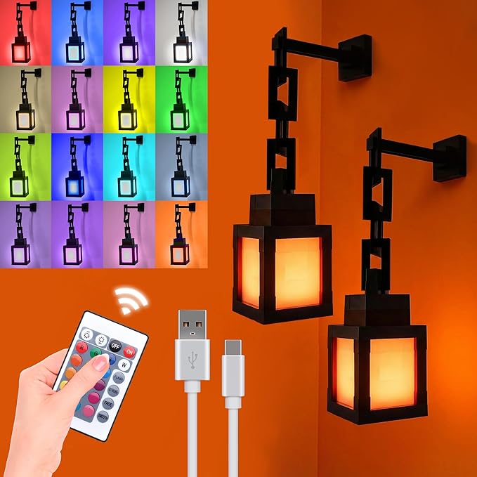 2PCS Pixel Lantern Night Light - 16 Colors Changing Hanging Lamp - USB Rechargeable LED Light with Touch & Remote Control - Wall Mount Mood Nightlight - Decor for Bedroom Gamer Room - Gift for Boy