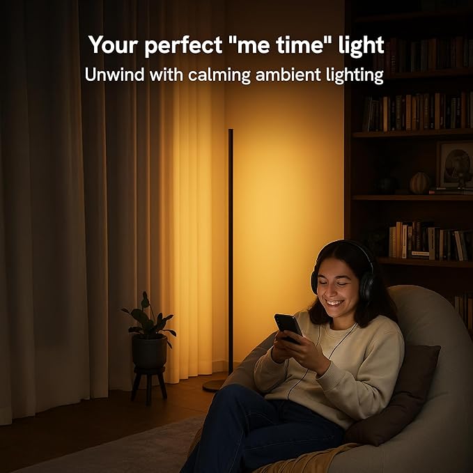 Aura RGBICW Floor Lamp, Ambient Lighting LED Corner Light App & Voice Control with Music Sync 1000 Lumen 4-Billion Colors, 90+ CRI, Preset & Custom Colors & Scenes, Modern Floor Lamps for Living Room