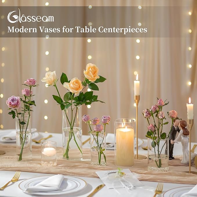Glasseam Cylinder Vases Set of 12, Hurricane Candle Holder Clear Assorted Sizes, Modern Glass Cylinder Vase, Glass Vases for Centerpieces for Home Decor Wedding Centerpieces, Events, 6''+7.8''+10''
